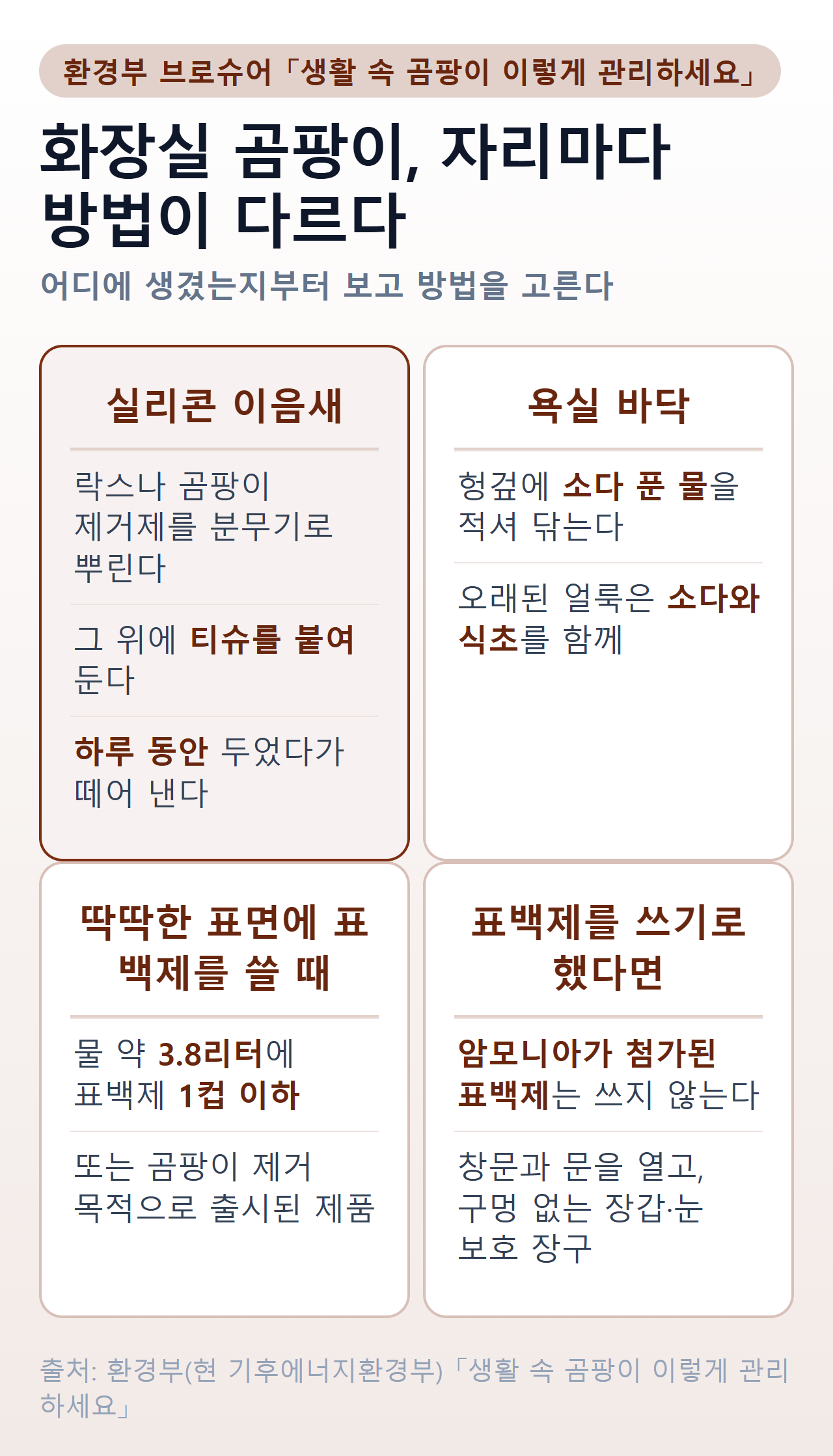 화장실 곰팡이 자리별 제거 방법 — 실리콘 이음새는 락스나 곰팡이 제거제를 뿌리고 티슈를 붙여 하루 동안 두었다가 떼어 내고, 욕실 바닥은 소다 푼 물로 닦고 오래된 얼룩은 소다와 식초를 함께 쓴다. 딱딱한 표면에 표백제를 쓸 때는 물 약 3.8리터에 1컵 이하이고, 암모니아가 첨가된 표백제는 쓰지 않으며 창문과 문을 열고 구멍 없는 장갑과 눈 보호 장구를 착용한다